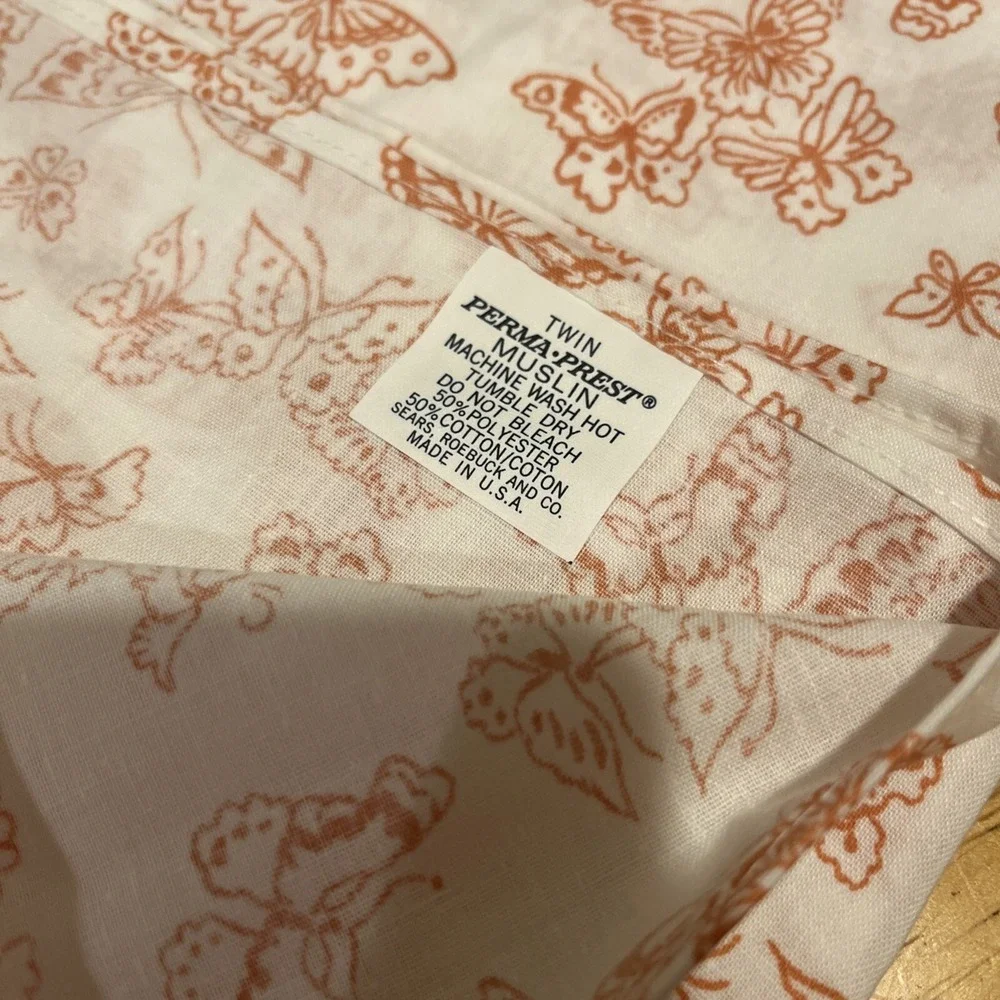 Vintage‎ Sears Roebuck Twin Muslim Permaprest Butterfly Orange Print Flat Sheet